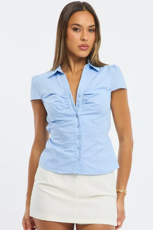 Blue Button Up Shirt Short Sleeve Collared Tie Back sold by Ally Fashion