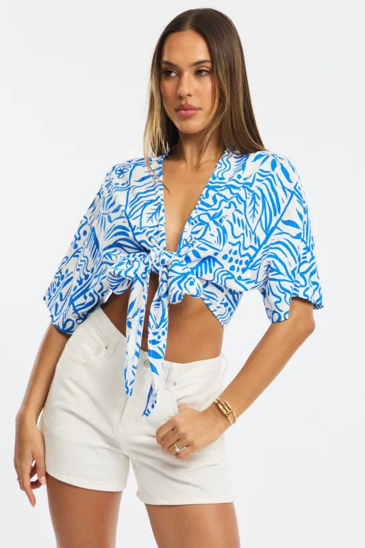 Blue Abstract Short Sleeve V-neck Bolero sold by Ally Fashion