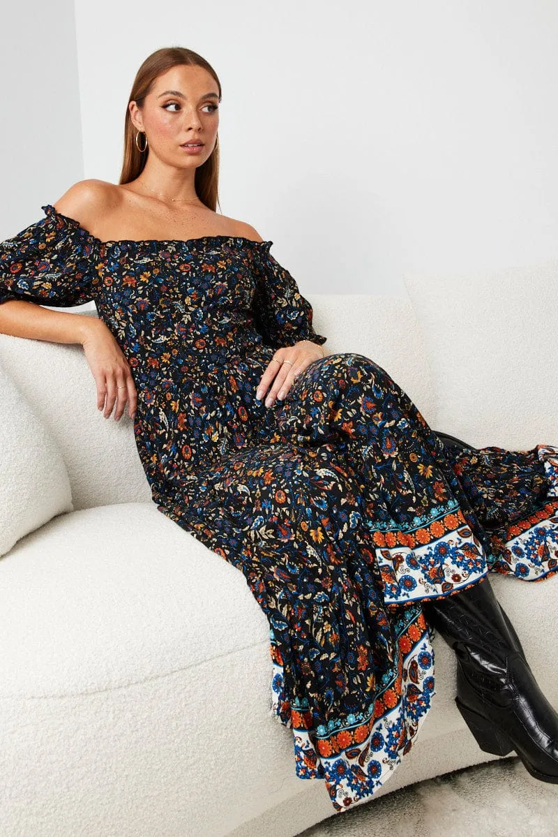 Black Boho Maxi Dress Short Sleeve Tiered sold by Ally Fashion