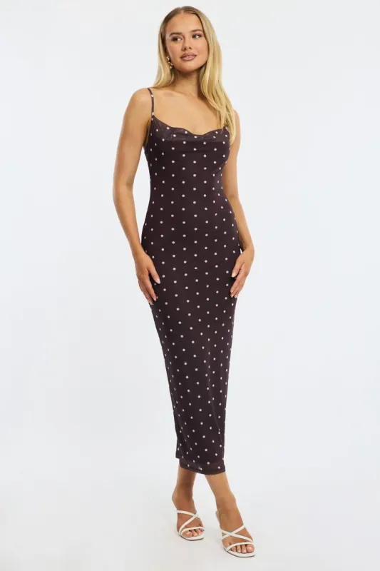 Brown Polka Dot Bodycon Dress Polka Dot Cowl Neck Maxi sold by Ally Fashion
