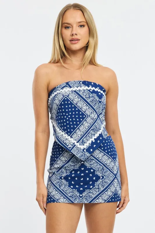 Blue Paisley Scarf Top Sleeveless Bandeau Linen Blend Ric Rac sold by Ally Fashion