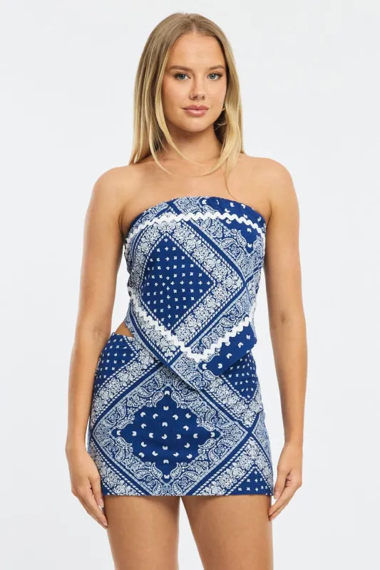 Blue Paisley Linen Blend Mini Skort High Rise Shorts Lined sold by Ally Fashion