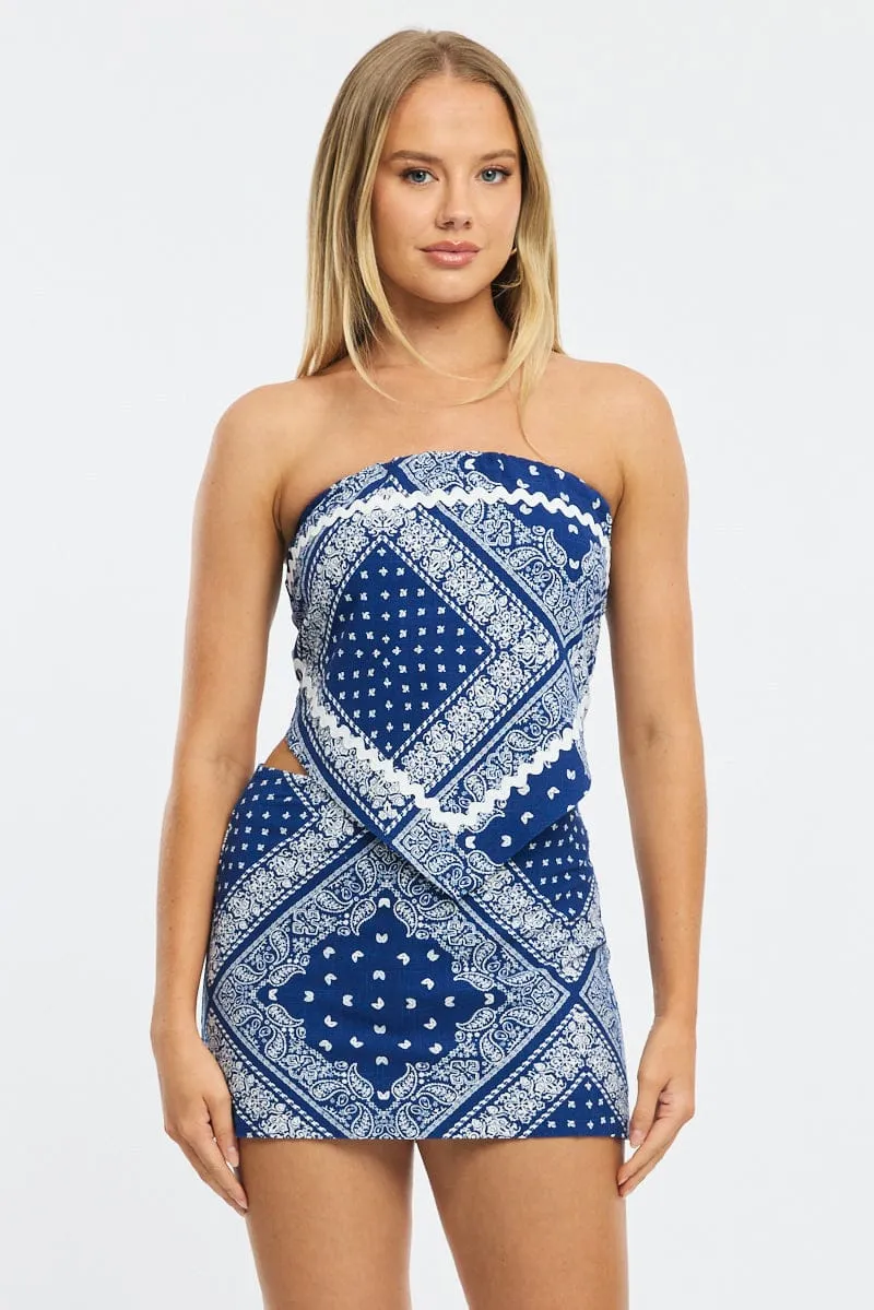 Blue Paisley Linen Blend Mini Skort High Rise Shorts Lined sold by Ally Fashion