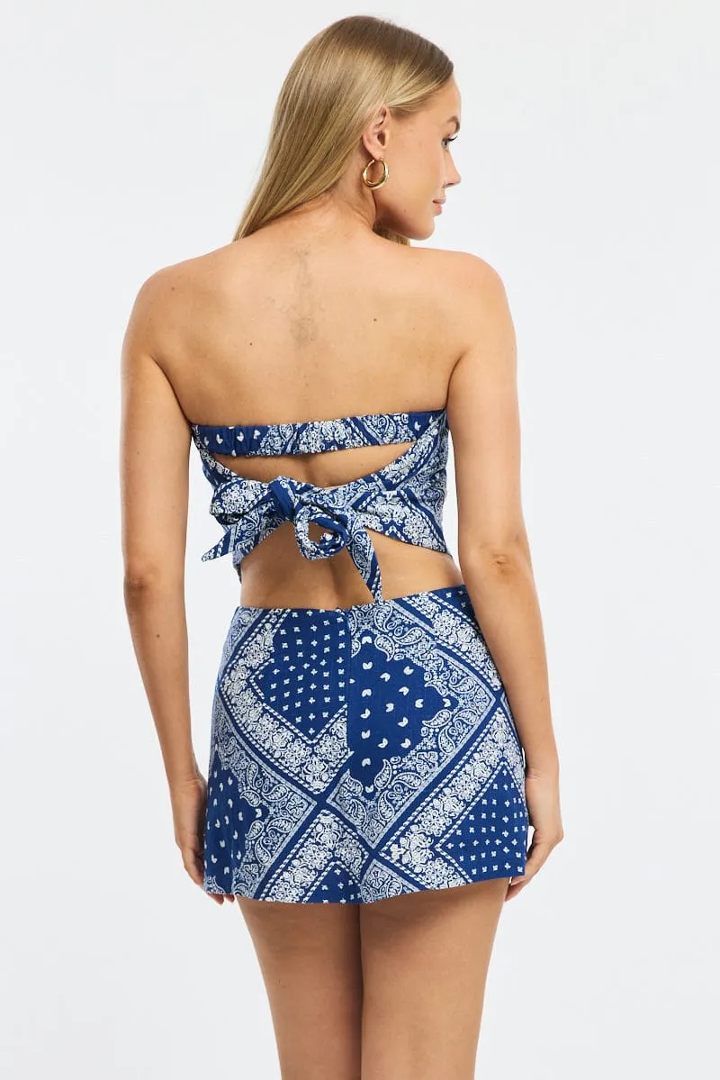 Blue Paisley Linen Blend Mini Skort High Rise Shorts Lined sold by Ally Fashion product image thumbnail 5