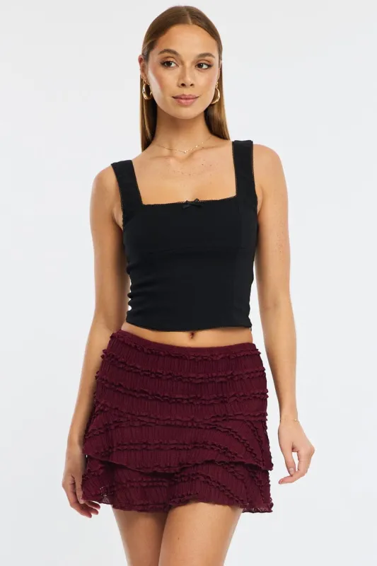 Red Mini Skort Skirt High Rise Textured Flared Layered sold by Ally Fashion