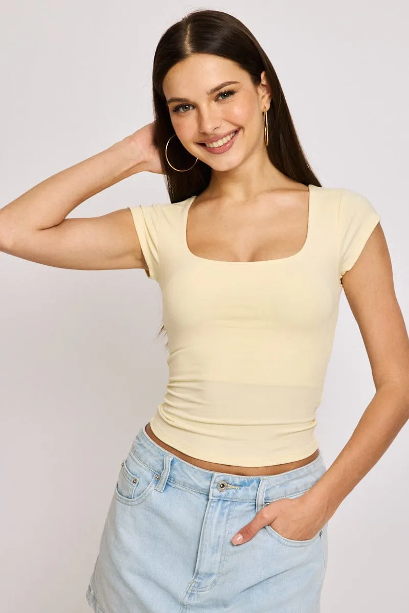 Yellow Square Neck T-shirt Cap Sleeve sold by Ally Fashion