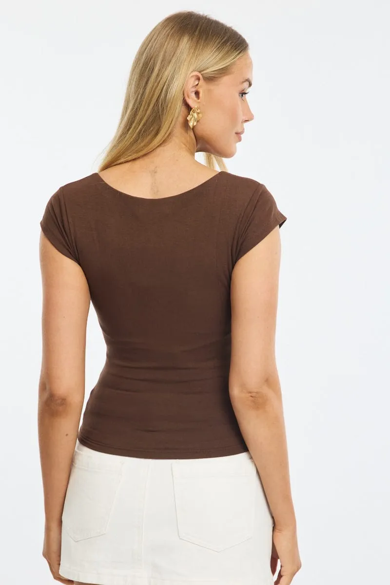 Brown Square Neck T-shirt Cap Sleeve sold by Ally Fashion product image thumbnail 4