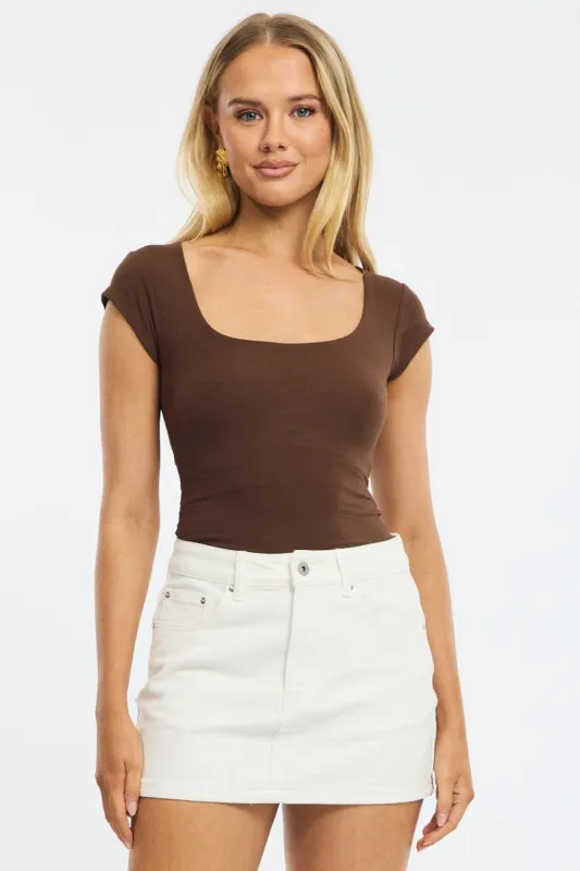 Brown Square Neck T-shirt Cap Sleeve made by Ally Fashion