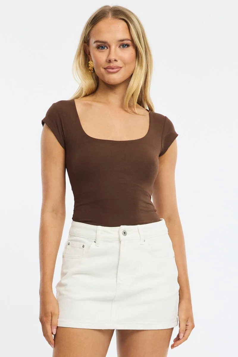 Brown Square Neck T-shirt Cap Sleeve sold by Ally Fashion