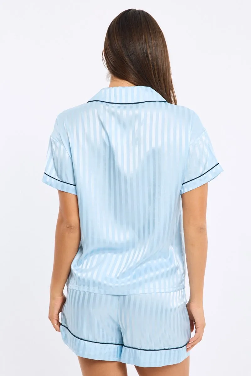Blue Stripe Pyjamas Set Short Sleeve Satin Jacquard sold by Ally Fashion product image thumbnail 4