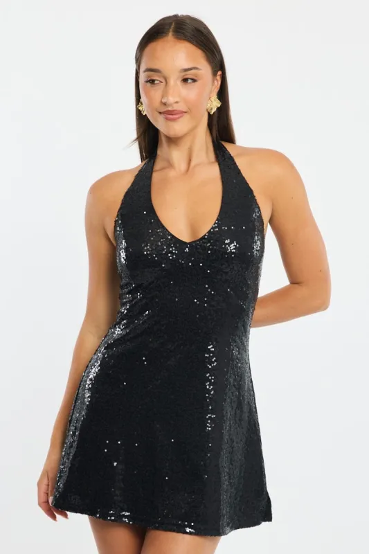 Black Mini Dress Halter Neck Sequin sold by Ally Fashion