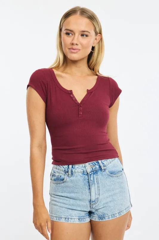 Red Button Down Tee Short Sleeve Rib sold by Ally Fashion
