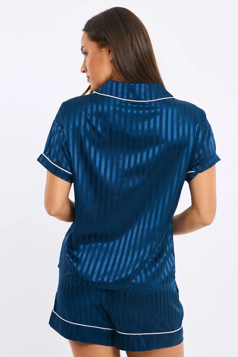 Blue Stripe Pyjamas Set Short Sleeve Satin Jacquard sold by Ally Fashion product image thumbnail 4