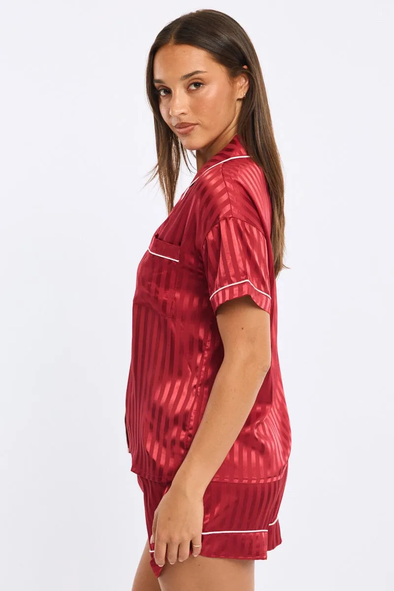 Red Stripe Pyjamas Set Short Sleeve Satin Jacquard sold by Ally Fashion product image thumbnail 3