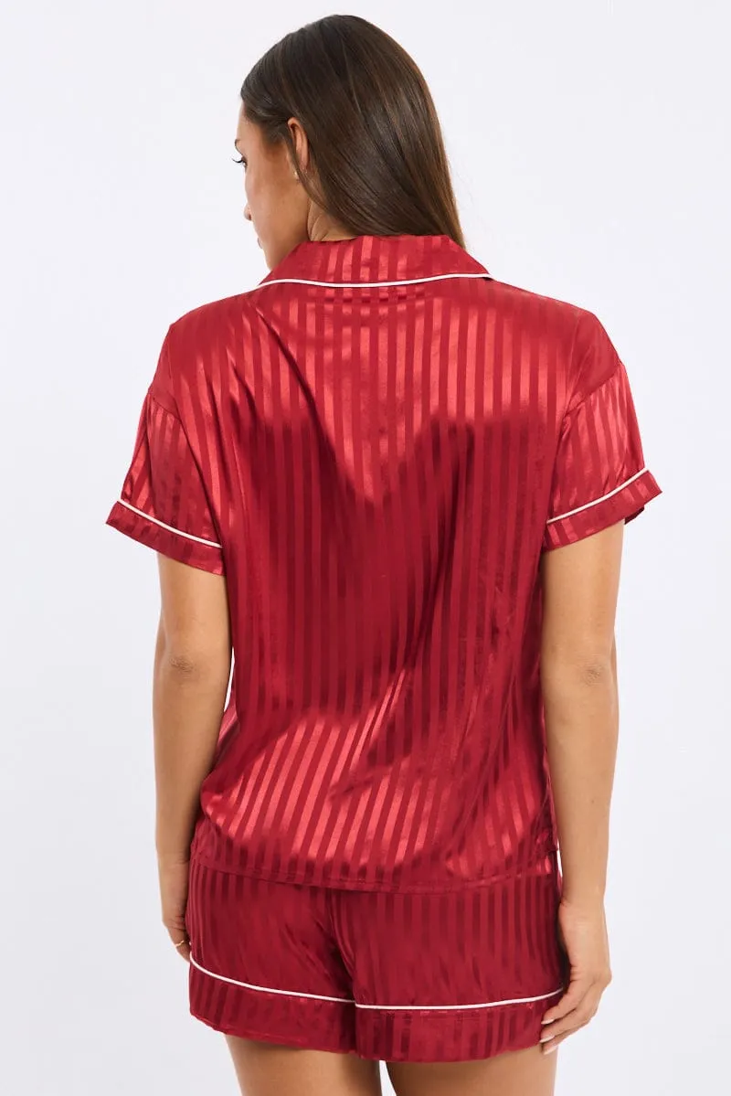 Red Stripe Pyjamas Set Short Sleeve Satin Jacquard sold by Ally Fashion product image thumbnail 4