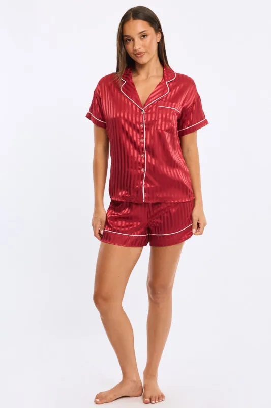 Red Stripe Pyjamas Set Short Sleeve Satin Jacquard sold by Ally Fashion