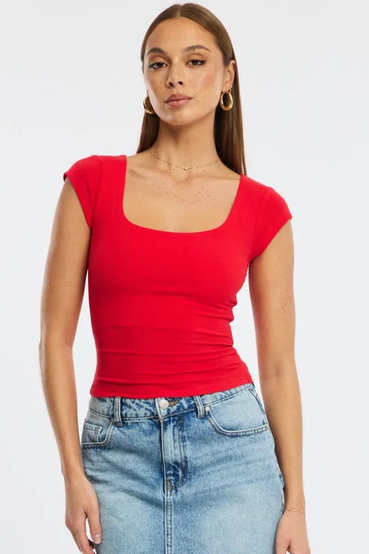Red Square Neck T-shirt Cap Sleeve sold by Ally Fashion