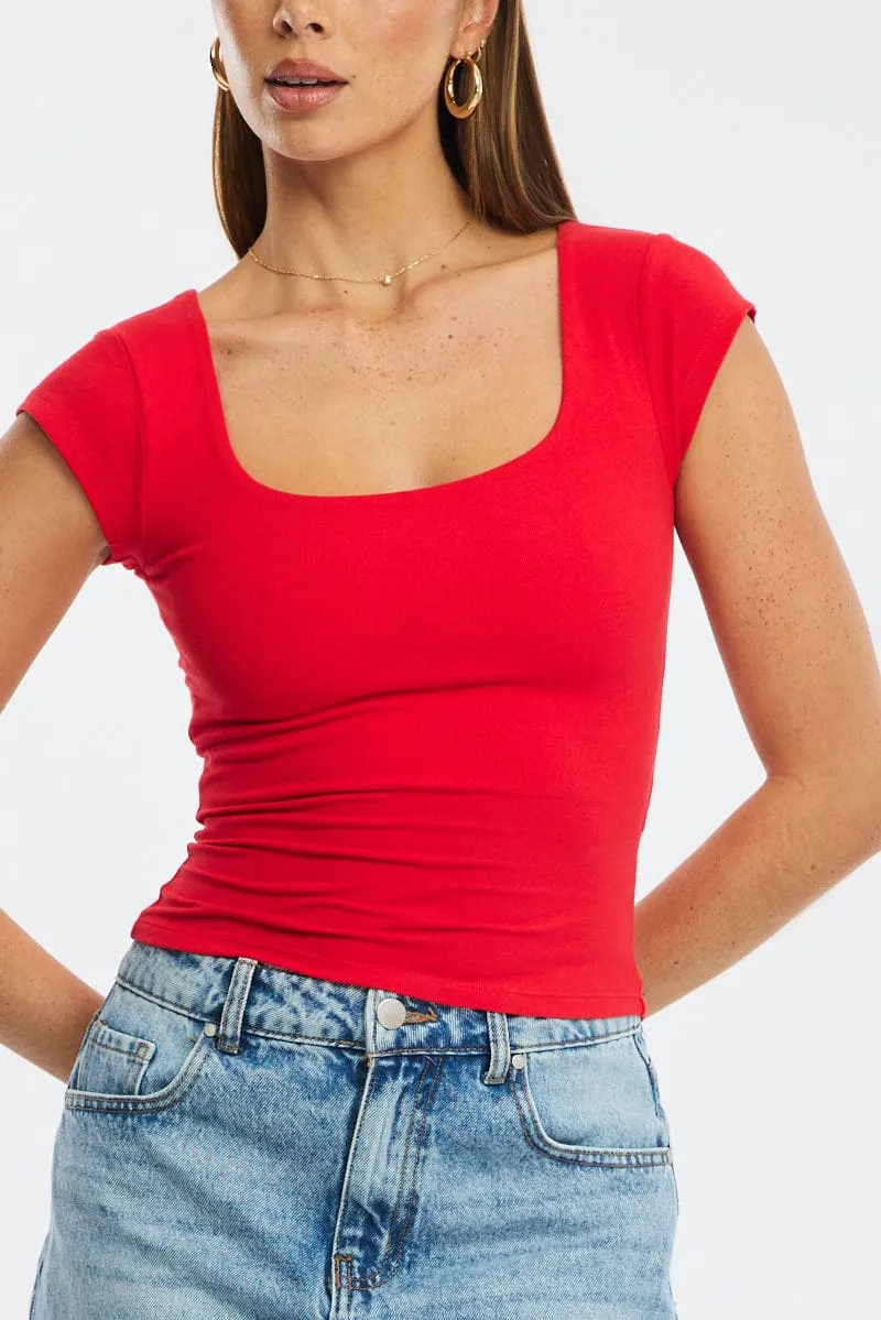 Red Square Neck T-shirt Cap Sleeve sold by Ally Fashion product image thumbnail 5
