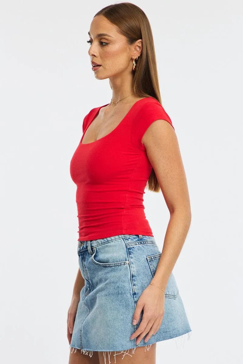 Red Square Neck T-shirt Cap Sleeve sold by Ally Fashion product image thumbnail 3