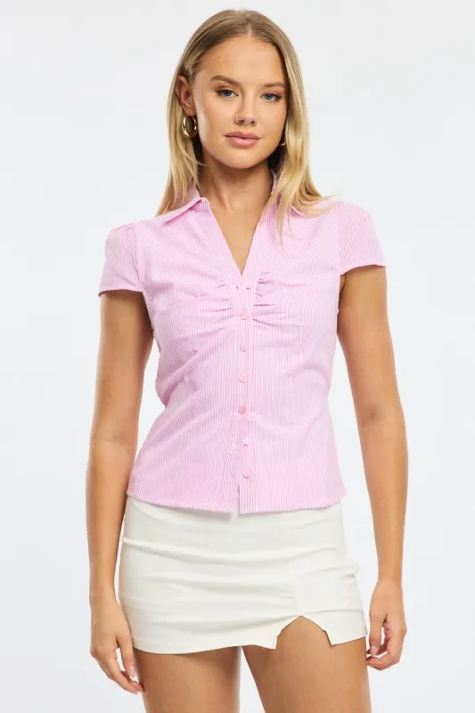 Pink Stripe Button Up Shirt Short Sleeve Collared Tie Back sold by Ally Fashion
