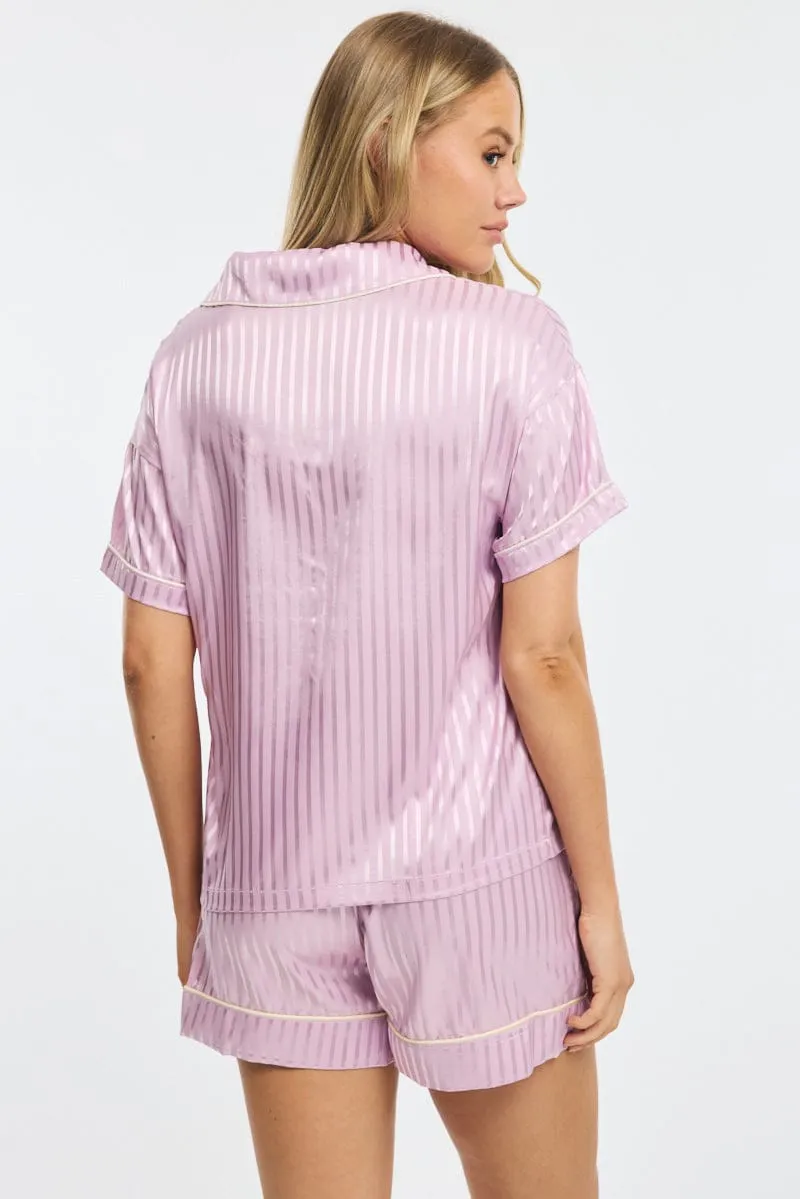 Purple Stripe Pyjamas Set Short Sleeve Satin Jacquard sold by Ally Fashion product image thumbnail 4