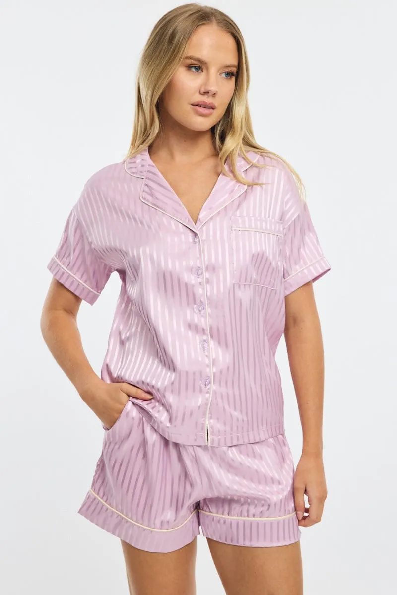 Purple Stripe Pyjamas Set Short Sleeve Satin Jacquard sold by Ally Fashion