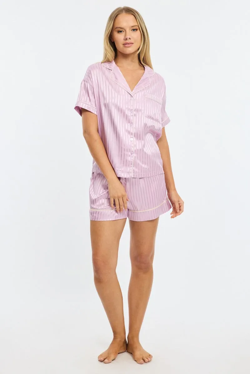 Purple Stripe Pyjamas Set Short Sleeve Satin Jacquard sold by Ally Fashion product image thumbnail 2