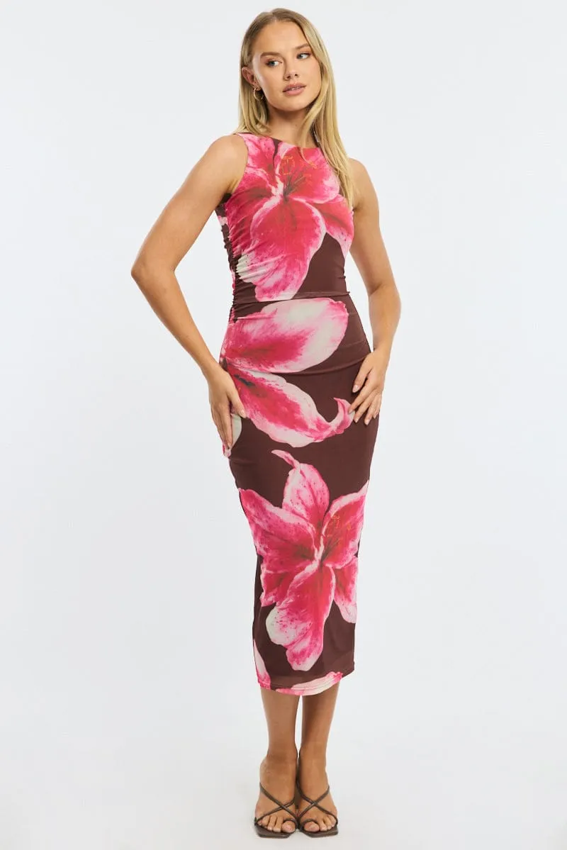 Brown Floral Bodycon Dress Sleeveless Mesh sold by Ally Fashion