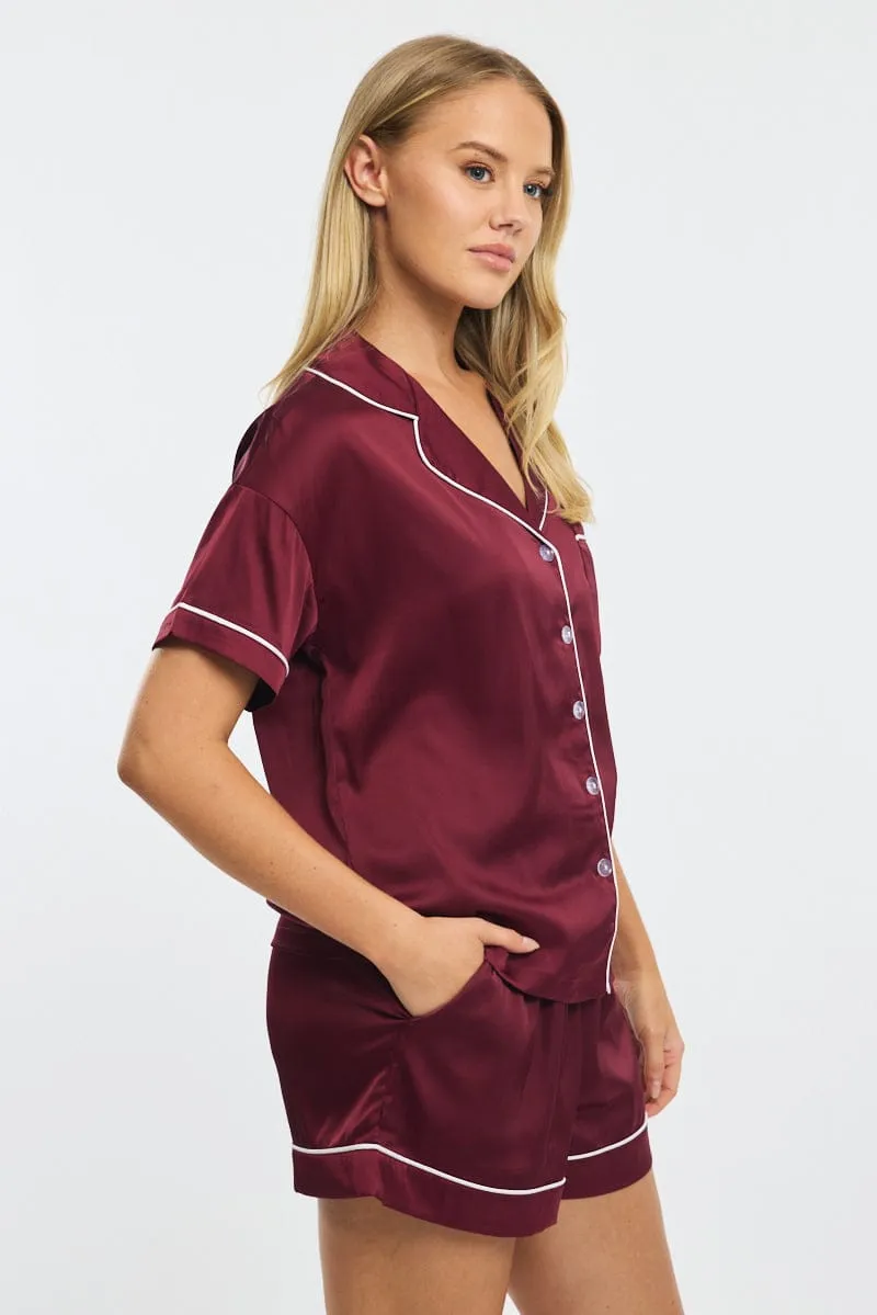 Red Satin Pyjamas Set Short Sleeve sold by Ally Fashion product image thumbnail 3