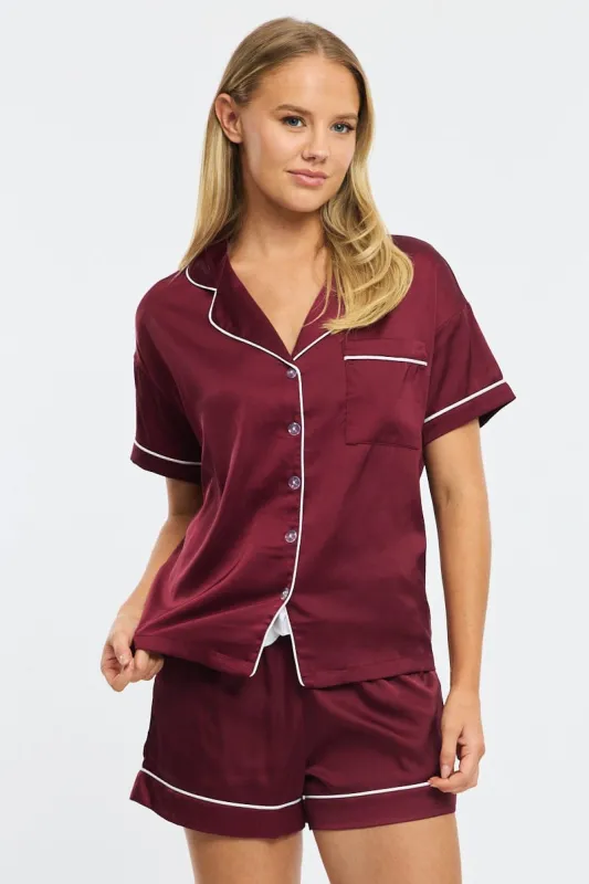 Red Satin Pyjamas Set Short Sleeve sold by Ally Fashion
