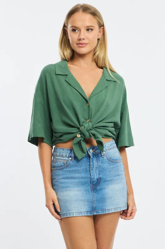 Green Relaxed Shirt Short Sleeve Collared Linen Blend sold by Ally Fashion