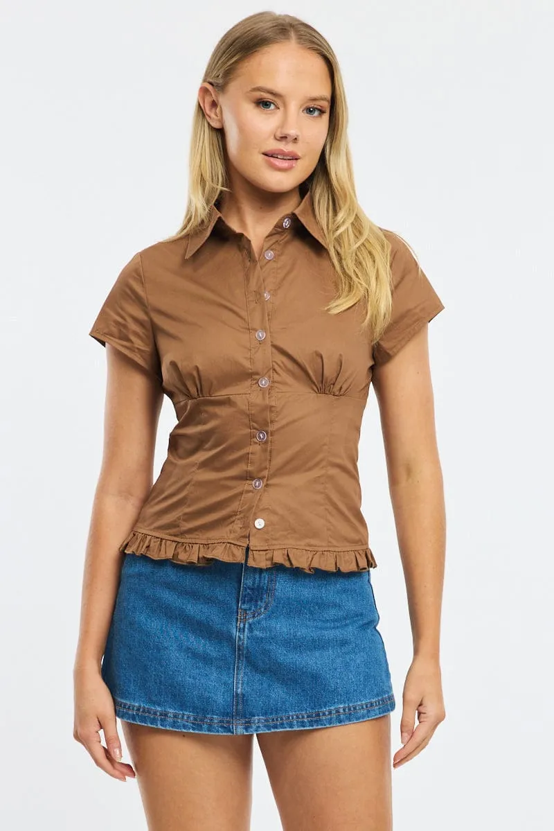 Brown Button Up Shirt Short Sleeve Collared Ruffled Hem sold by Ally Fashion