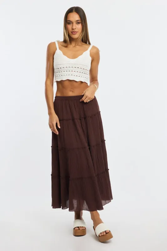 Brown Midi Skirt Tiered High Rise Lined sold by Ally Fashion
