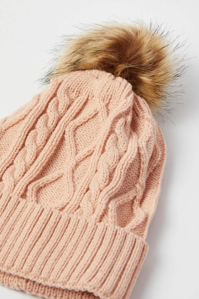 Pink Faux Fur Pom Pom Beanie sold by Ally Fashion product image thumbnail 2