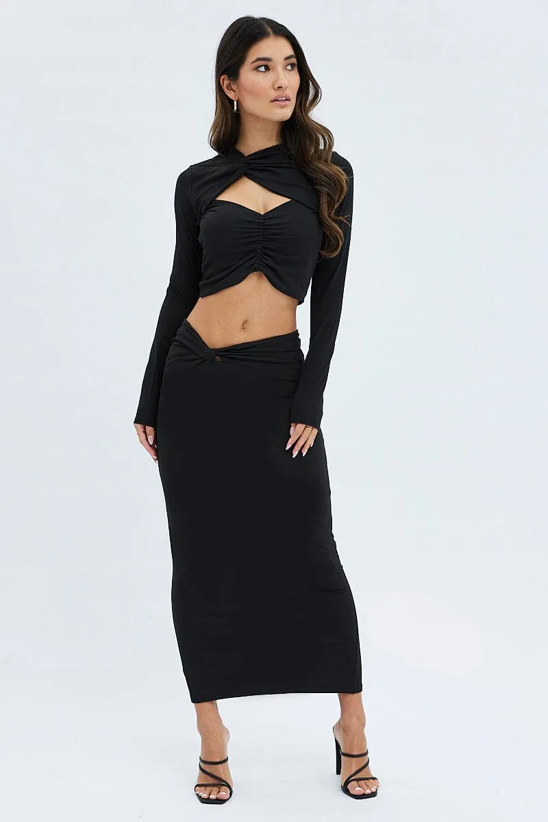 Black Midi Skirt Twisted Waist Double Layer sold by Ally Fashion