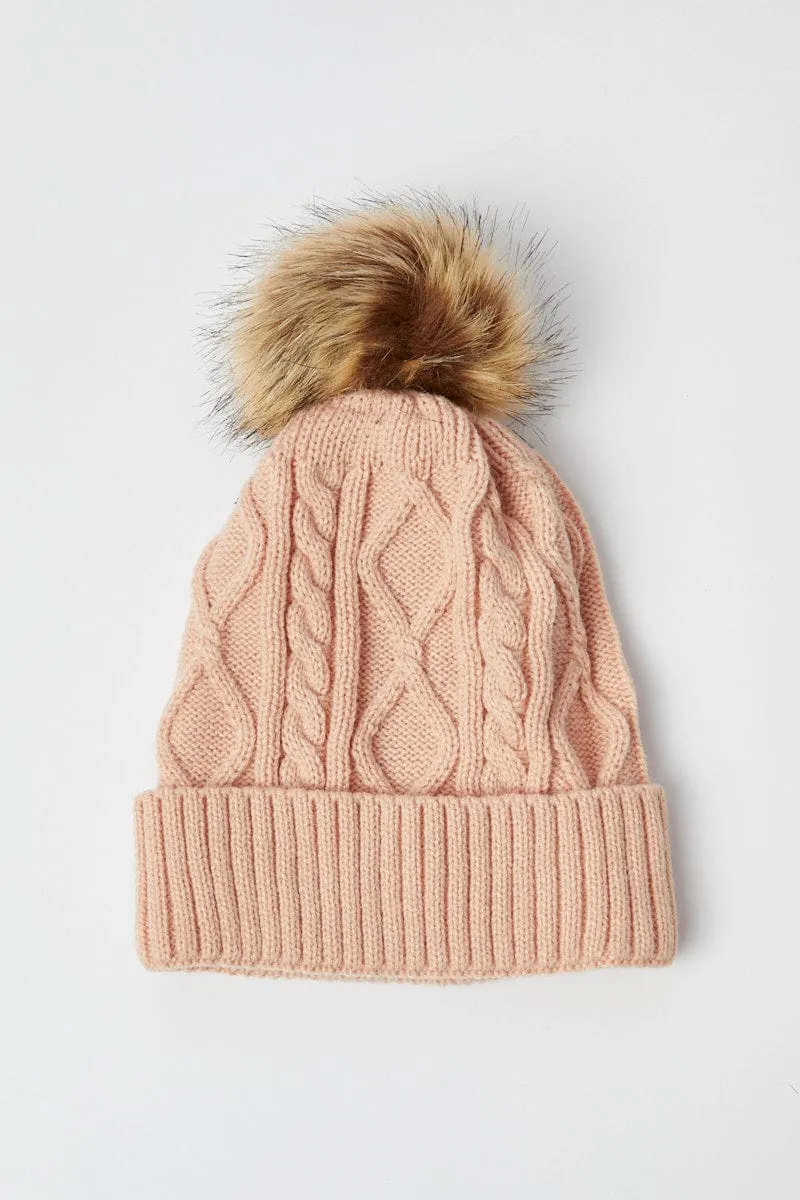 Pink Faux Fur Pom Pom Beanie sold by Ally Fashion