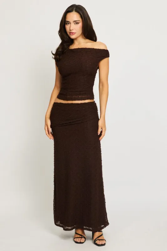 Brown Maxi Skirt Textured Gathered Waist Stretch Lined sold by Ally Fashion