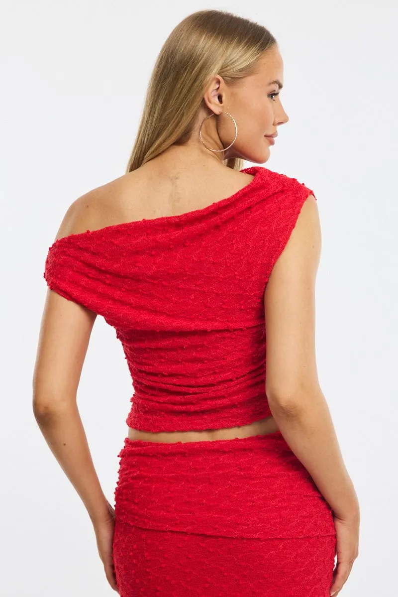 Red Asymmetric Top Sleeveless One Shoulder Textured sold by Ally Fashion product image thumbnail 4