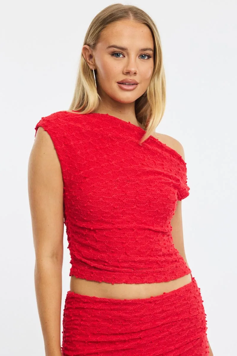 Red Asymmetric Top Sleeveless One Shoulder Textured sold by Ally Fashion