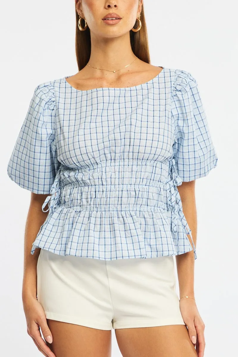 Blue Check Gathered Top Boat Neck Short Puff Sleeve sold by Ally Fashion product image thumbnail 5