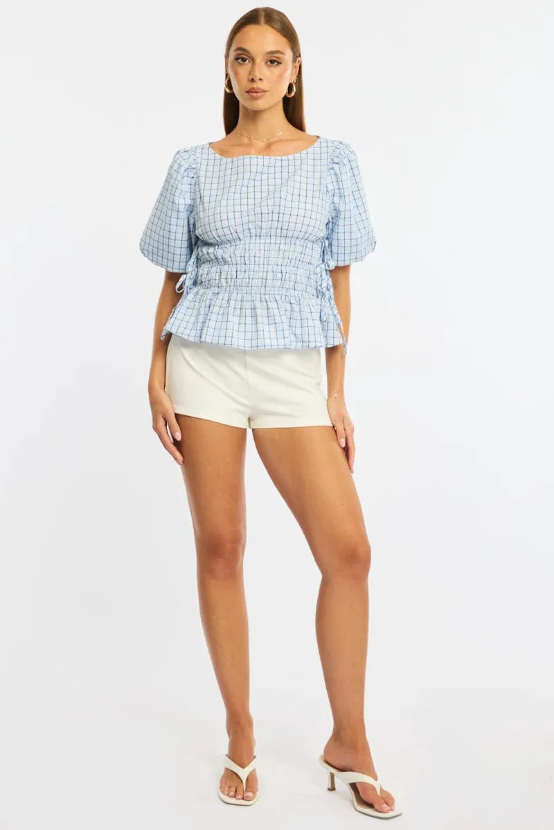 Blue Check Gathered Top Boat Neck Short Puff Sleeve sold by Ally Fashion product image thumbnail 2
