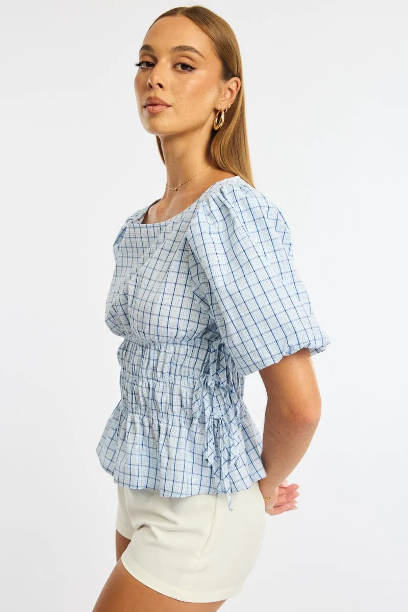 Blue Check Gathered Top Boat Neck Short Puff Sleeve sold by Ally Fashion product image thumbnail 3