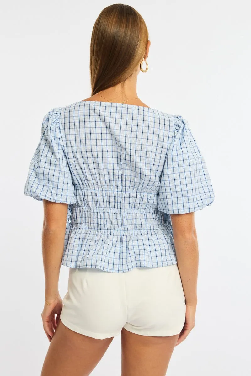 Blue Check Gathered Top Boat Neck Short Puff Sleeve sold by Ally Fashion product image thumbnail 4