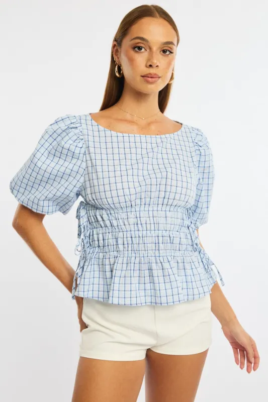 Blue Check Gathered Top Boat Neck Short Puff Sleeve sold by Ally Fashion