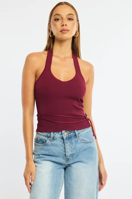 Red Halter Knit Top Buckled Waist sold by Ally Fashion