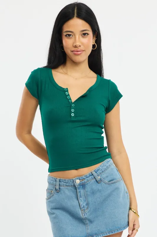 Green Button Down Tee Short Sleeve Rib sold by Ally Fashion