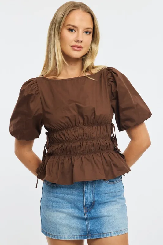 Brown Gathered Top Boat Neck Short Puff Sleeve sold by Ally Fashion