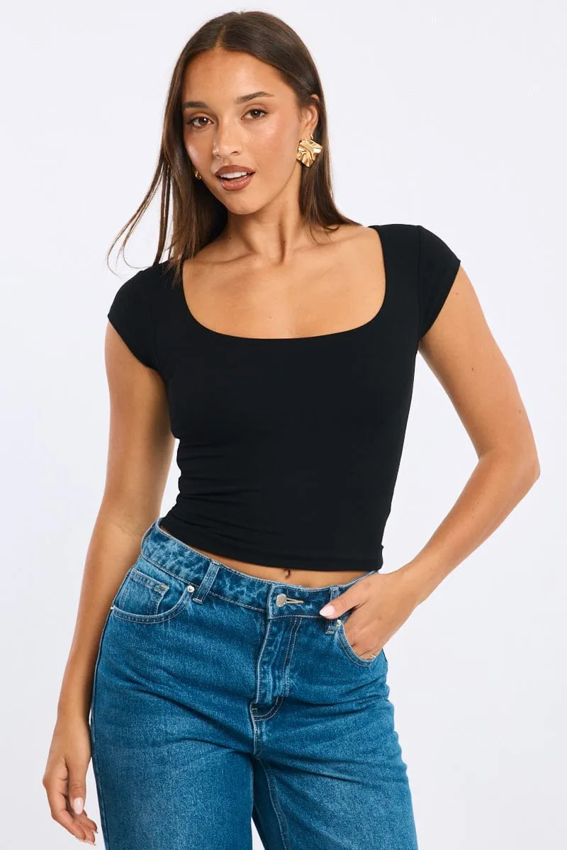 Black Square Neck T-shirt Cap Sleeve sold by Ally Fashion