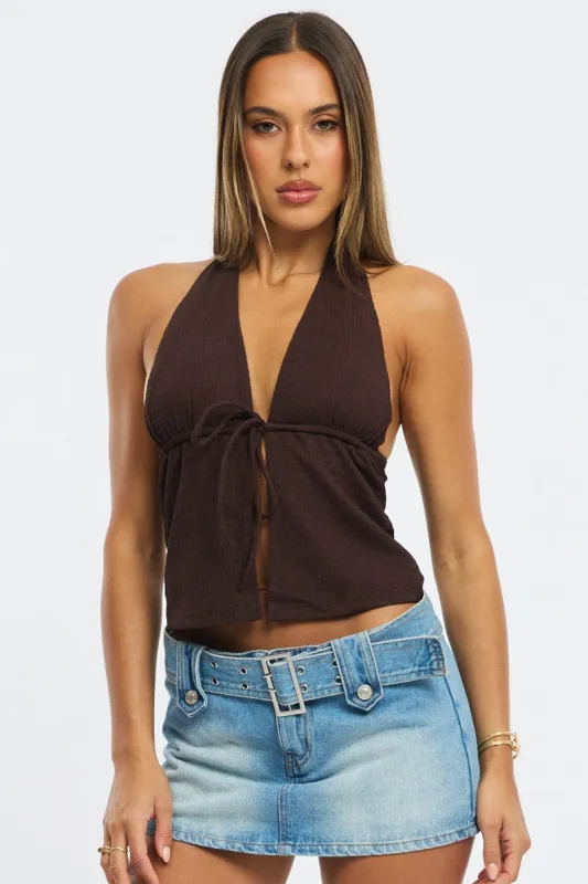 Brown Textured Top Halter Neck Tie Up Front sold by Ally Fashion