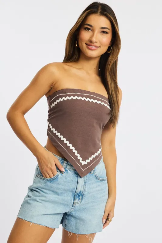 Brown Scarf Top Sleeveless Bandeau Linen Blend Ric Rac sold by Ally Fashion